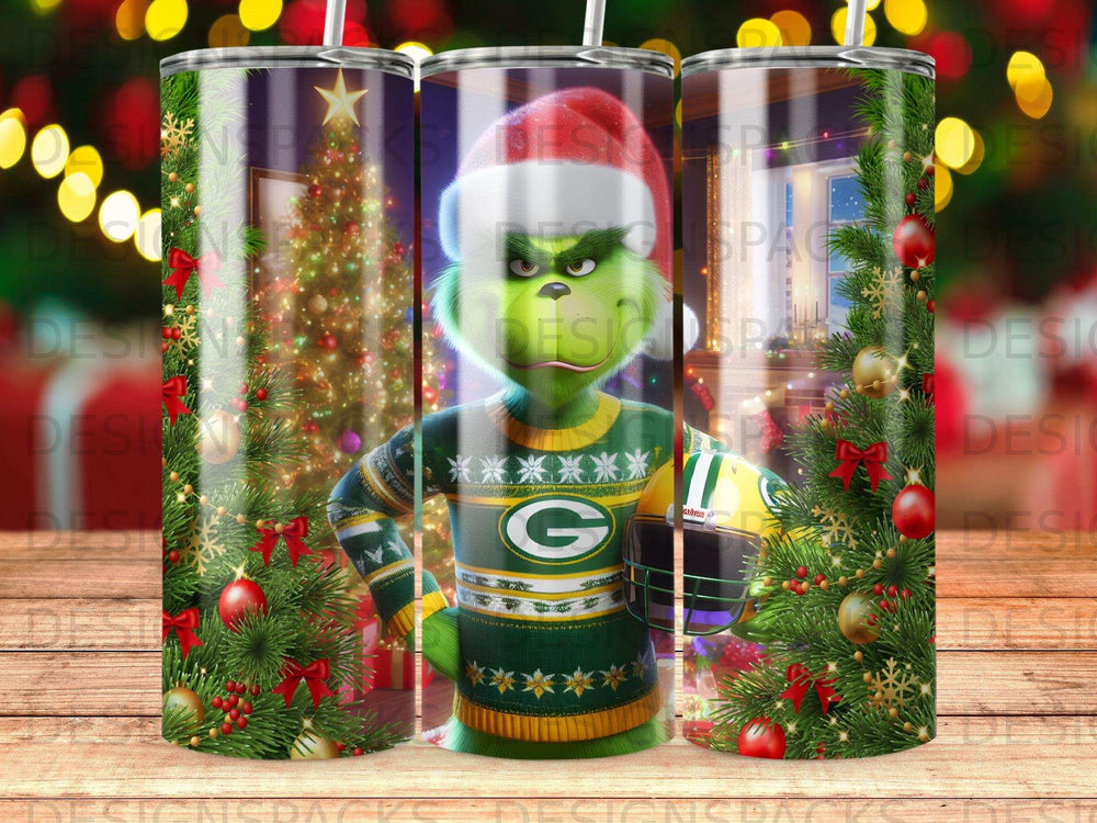 Grinch in Santa hat and ugly Christmas sweater holding a football.