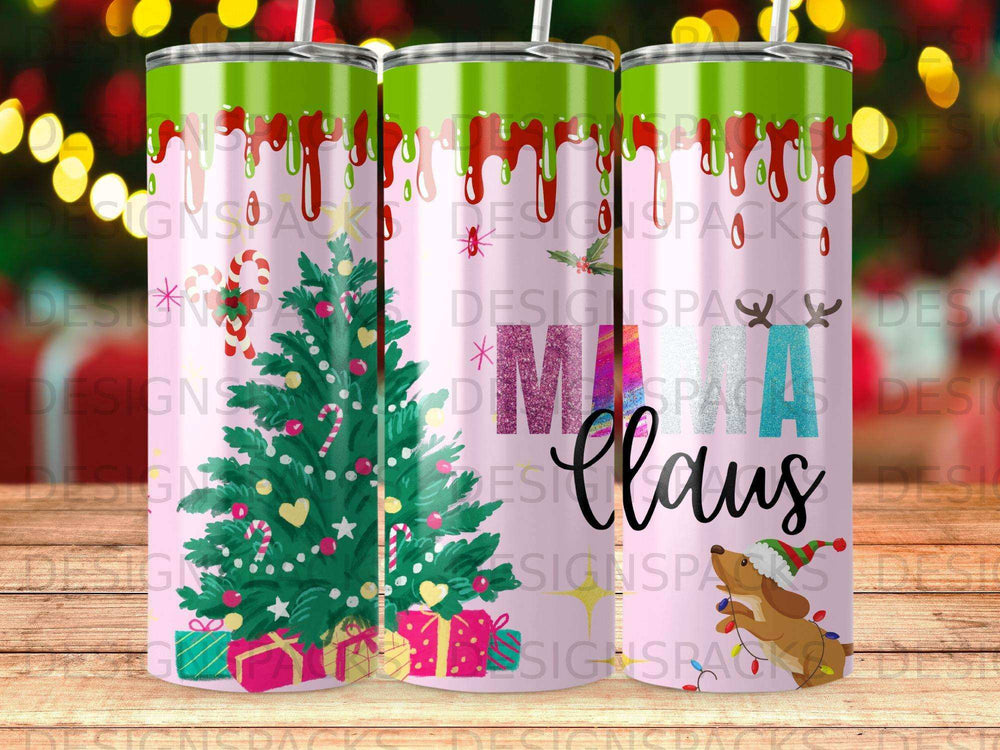 Pink tumbler with Christmas tree, gifts, and "Mama Claus" text.