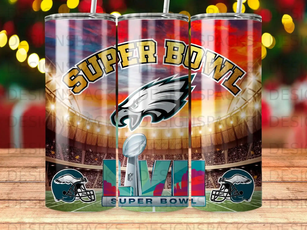 Super Bowl LVIII logo with eagles helmets on a tumbler.