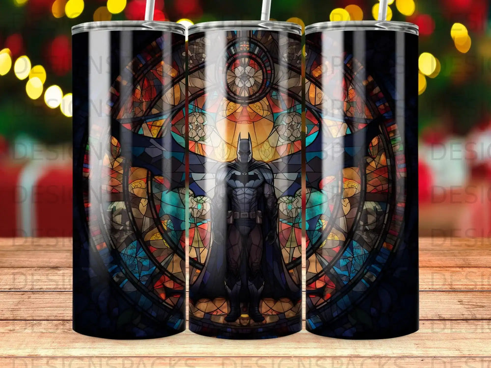 Batman stands before a stained-glass window with colorful, geometric patterns.