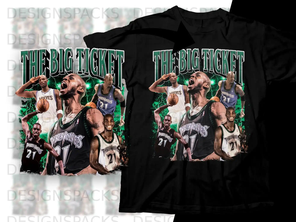 Kevin Garnett in Minnesota Timberwolves jersey, "The Big Ticket" text.