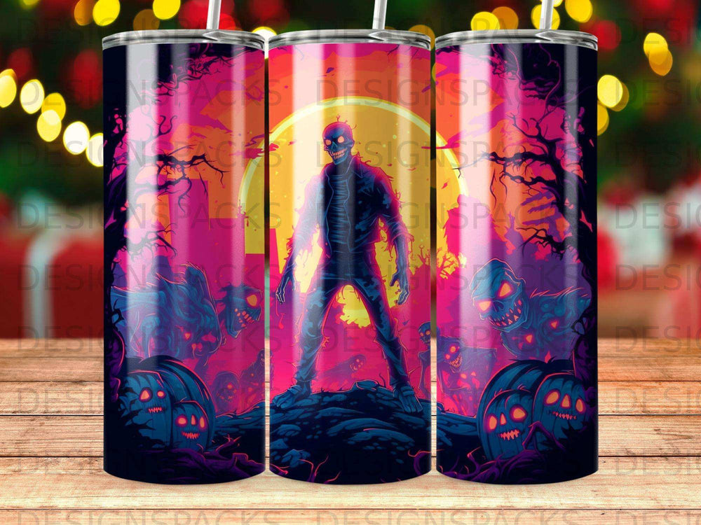 Spooky Halloween tumbler with zombie, pumpkins, and moonlit graveyard.