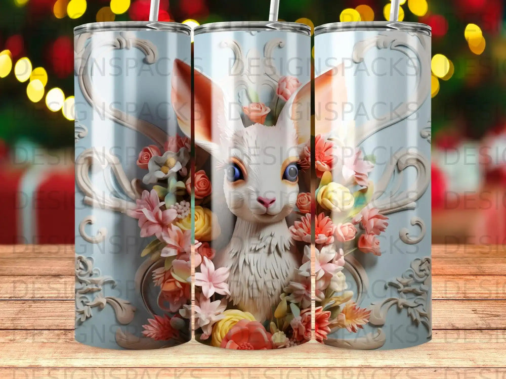 White bunny surrounded by pastel flowers against a decorative blue background.