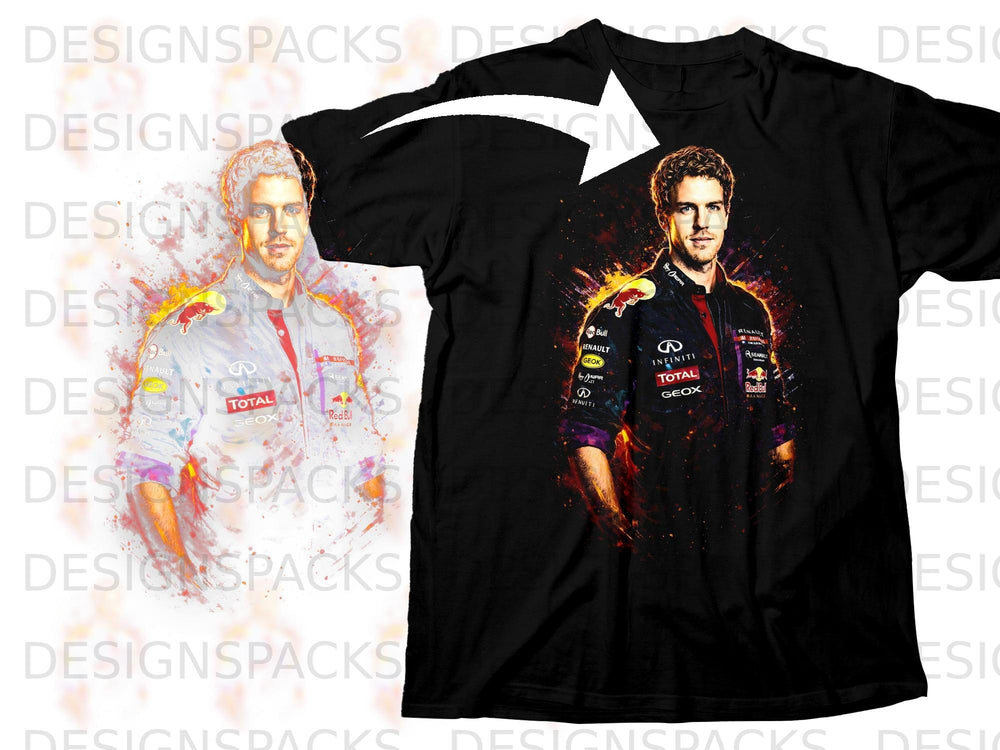 Black t-shirt featuring a graphic of Formula 1 driver Sebastian Vettel.