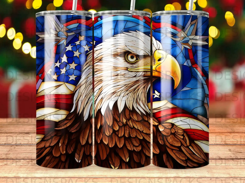 Eagle head with US flag background on a tumbler.