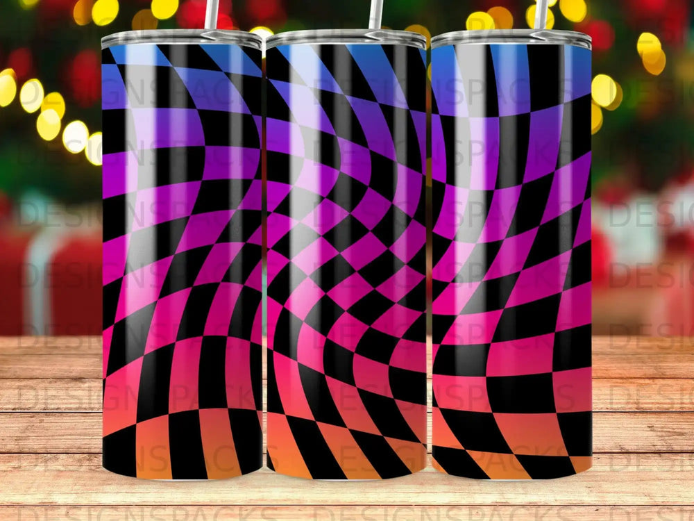 Tumbler with warped checkerboard pattern in pink, purple, and orange.