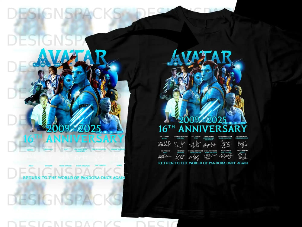 Avatar 16th anniversary t-shirt featuring main cast and text.