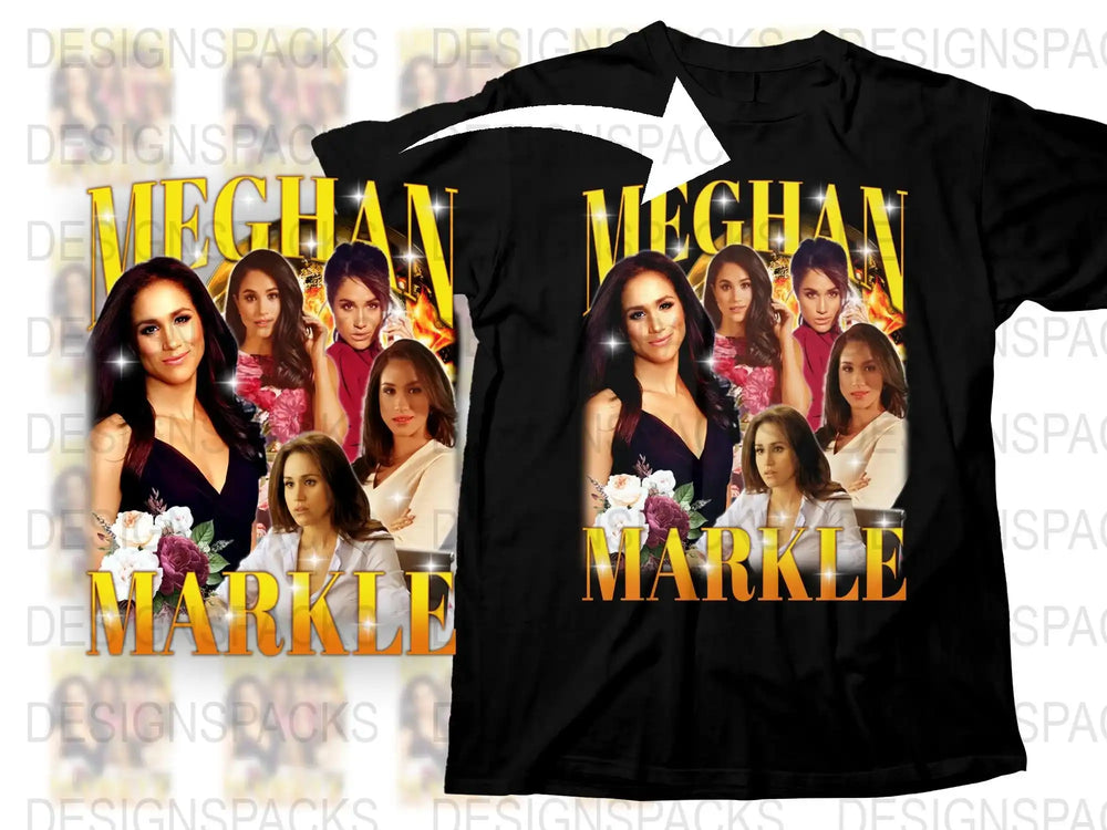 Meghan Markle Graphic T-Shirt, Celebrity Photo Collage, Fan Merchandise, Black Cotton Tee, Floral Design, Unique Gift Idea