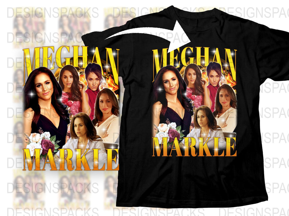 Meghan Markle Graphic T-Shirt, Celebrity Photo Collage, Fan Merchandise, Black Cotton Tee, Floral Design, Unique Gift Idea