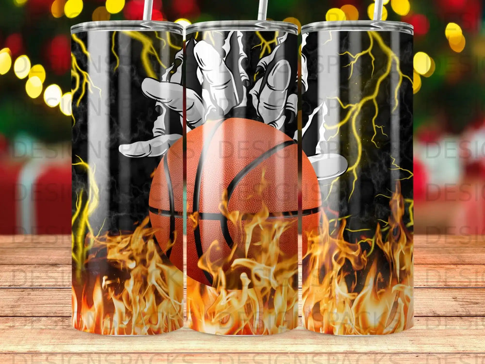 Basketball with flames and lightning bolts on a black background.