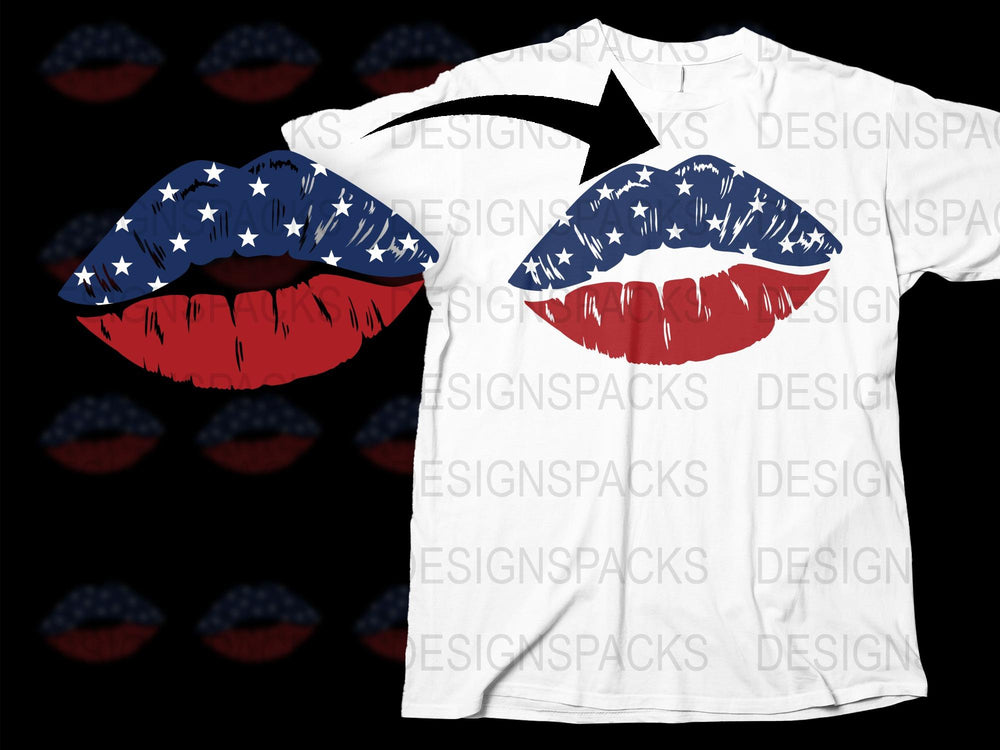 Patriotic Lips T-Shirt, American Flag Print, Red White Blue Kiss Graphic Tee, Unisex Fashion Top, Fourth of July Apparel