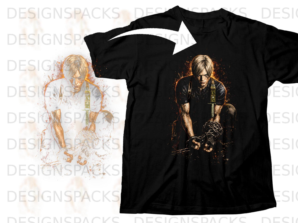 Black t-shirt with graphic of Leon S. Kennedy chained and crouching.