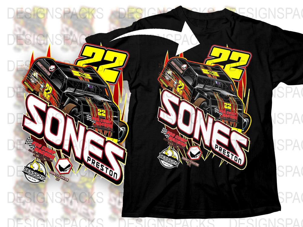 Vibrant Racing Car Graphic T-Shirt, Bold Number 22 Design, Youthful Street Style, Casual Black Tee
