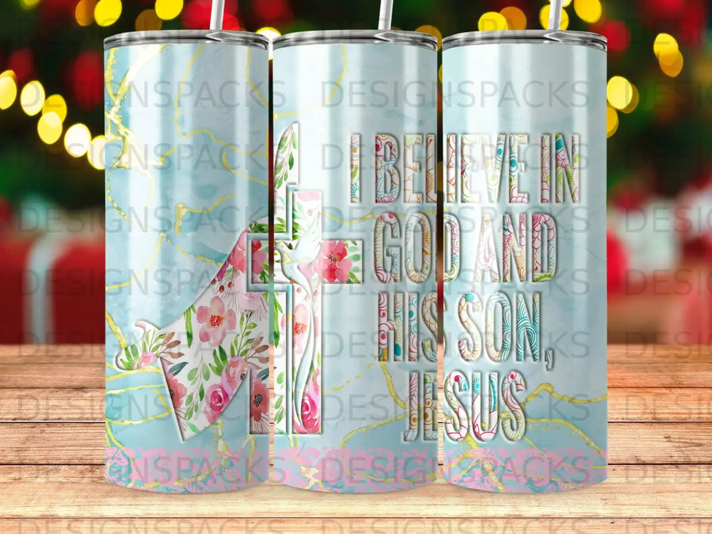 Jesus cross with floral accents and text "I Believe in God and His Son Jesus."