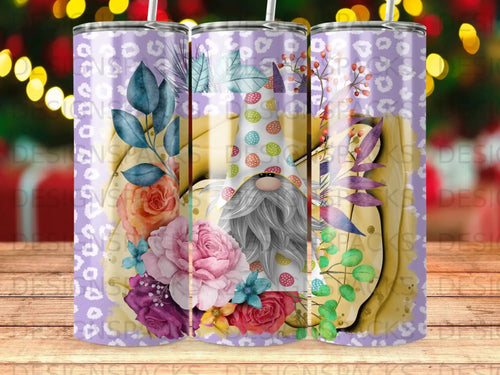 Gnome with colorful floral accents on a leopard print background.