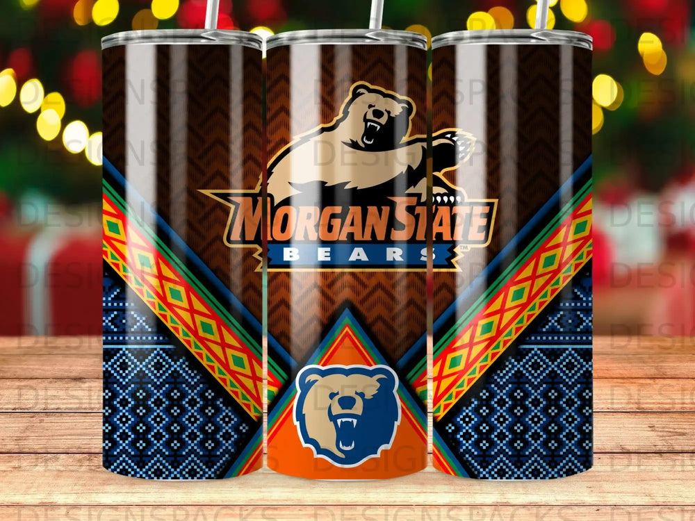 Morgan State Bears logo on a multi-colored patterned tumbler.