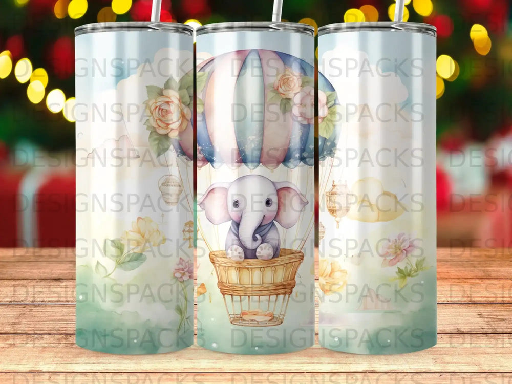 Elephant in hot air balloon with floral accents.