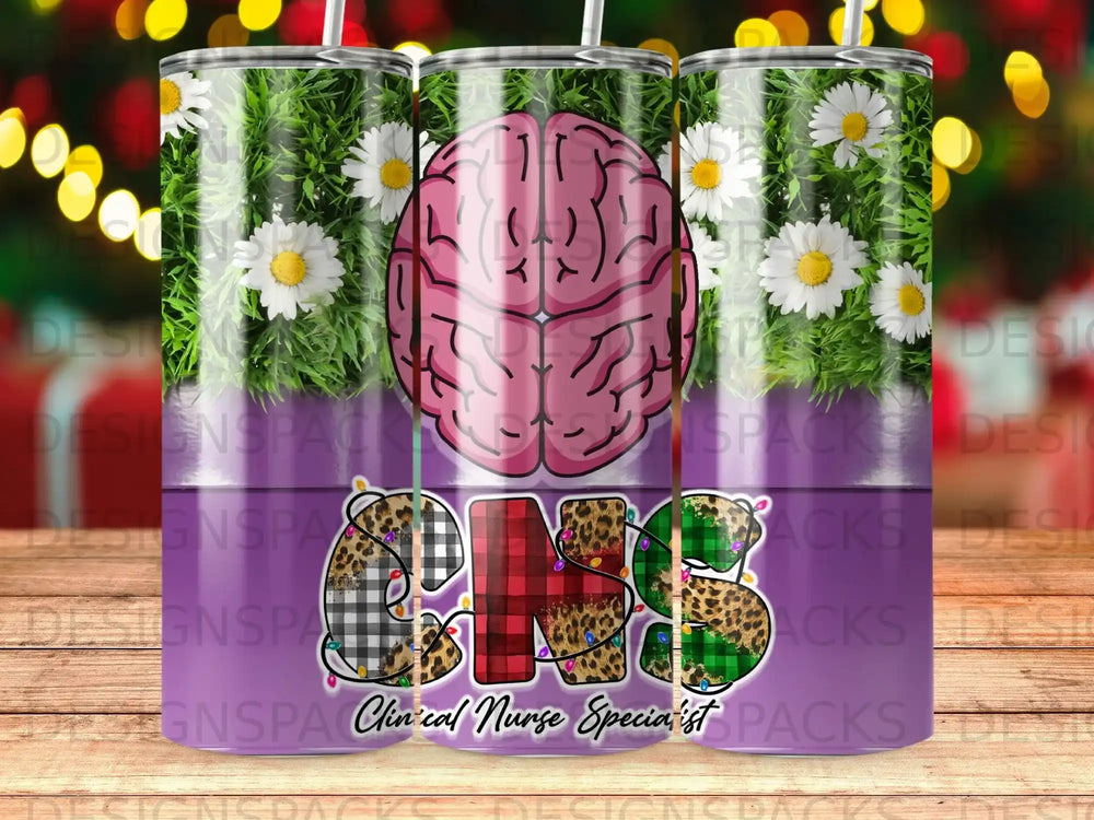 Tumbler design with pink brain, floral pattern, and "Clinical Nurse Specialist" text.