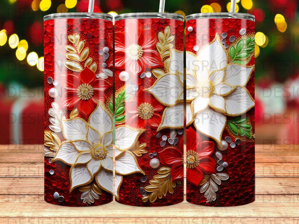 Red tumbler with white and red floral design and gold accents.