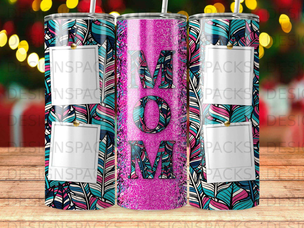 Glittering "MOM" tumbler with feathered frames for photos.