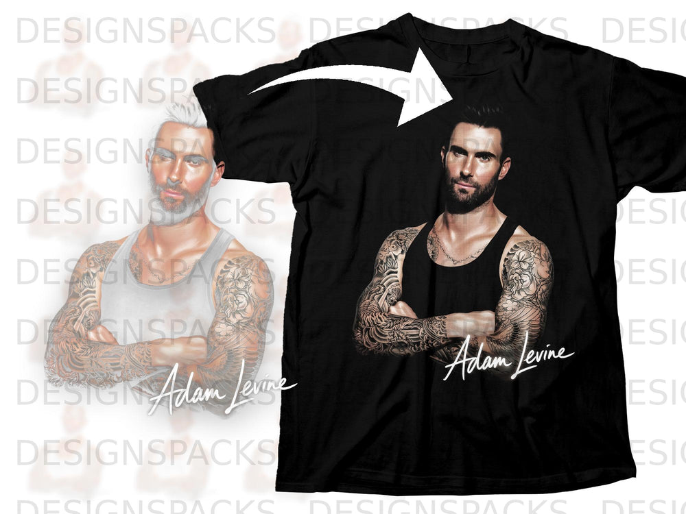 Black t-shirt with Adam Levine's portrait and signature, crossed arms and tattoos.