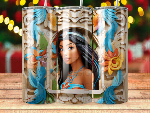Jasmine from Aladdin framed by ornate blue, orange, and gold floral and feather details.