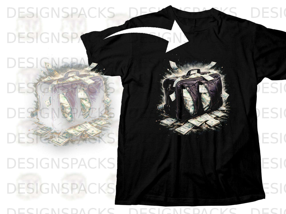 Black t-shirt with a graphic of a bursting suitcase filled with money.