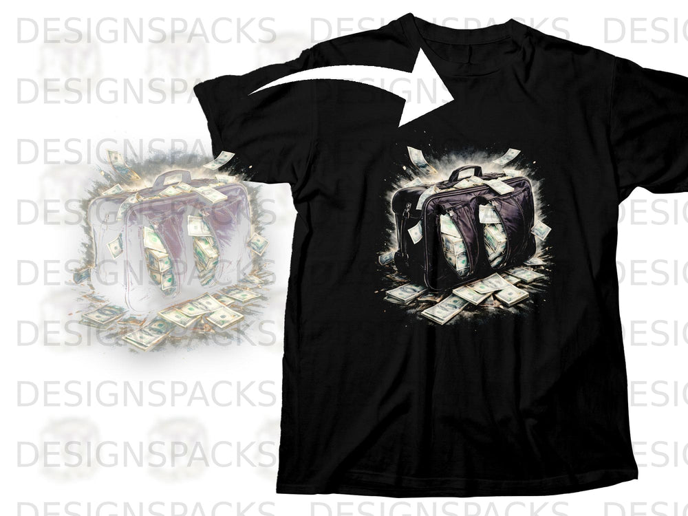 Black t-shirt with a graphic of a bursting suitcase filled with money.