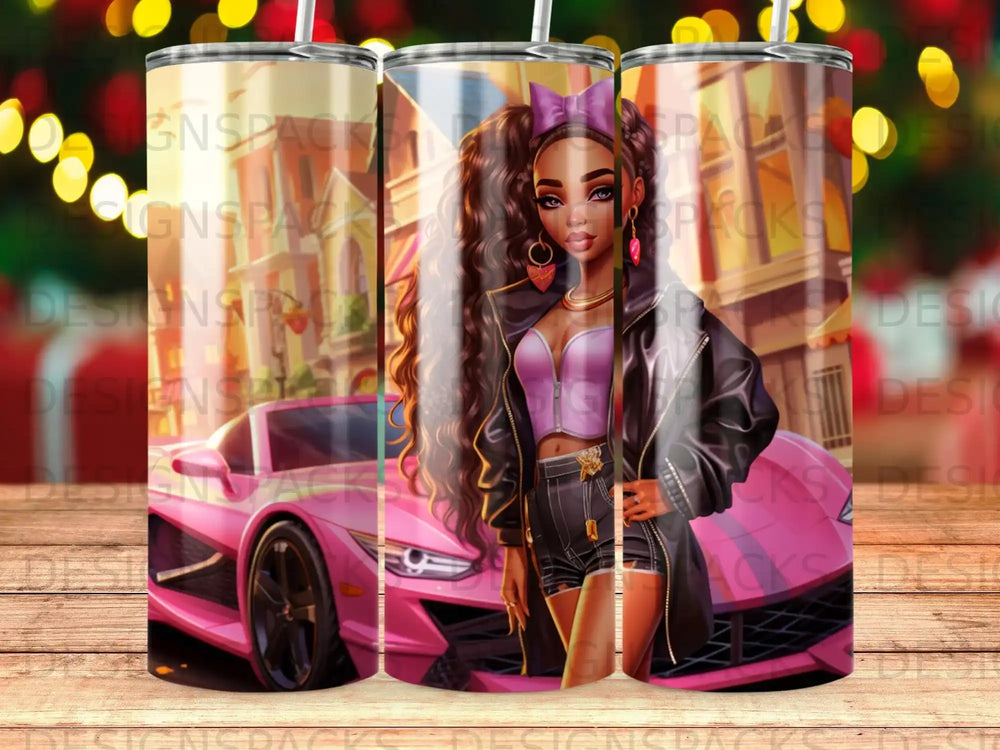 Woman in black jacket and pink top with pink sports car.
