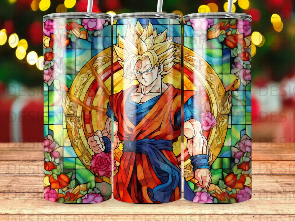 Goku from Dragon Ball Z in stained glass style on a tumbler.