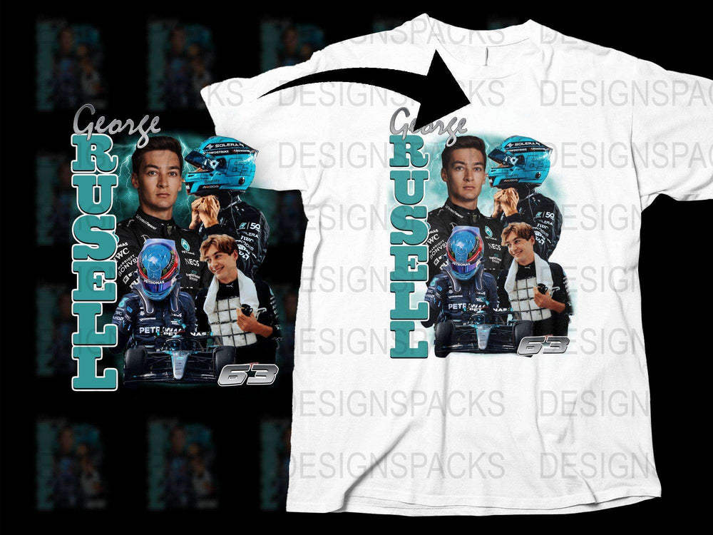 George Russell F1 Racing Graphic T-Shirt, Petronas Team Merch, Motorsport Fan Apparel, Casual Sporty Tees, Unisex Clothing