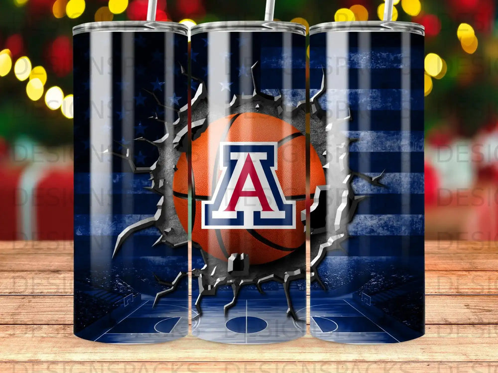 Basketball with Arizona Wildcats logo bursting through American flag background.