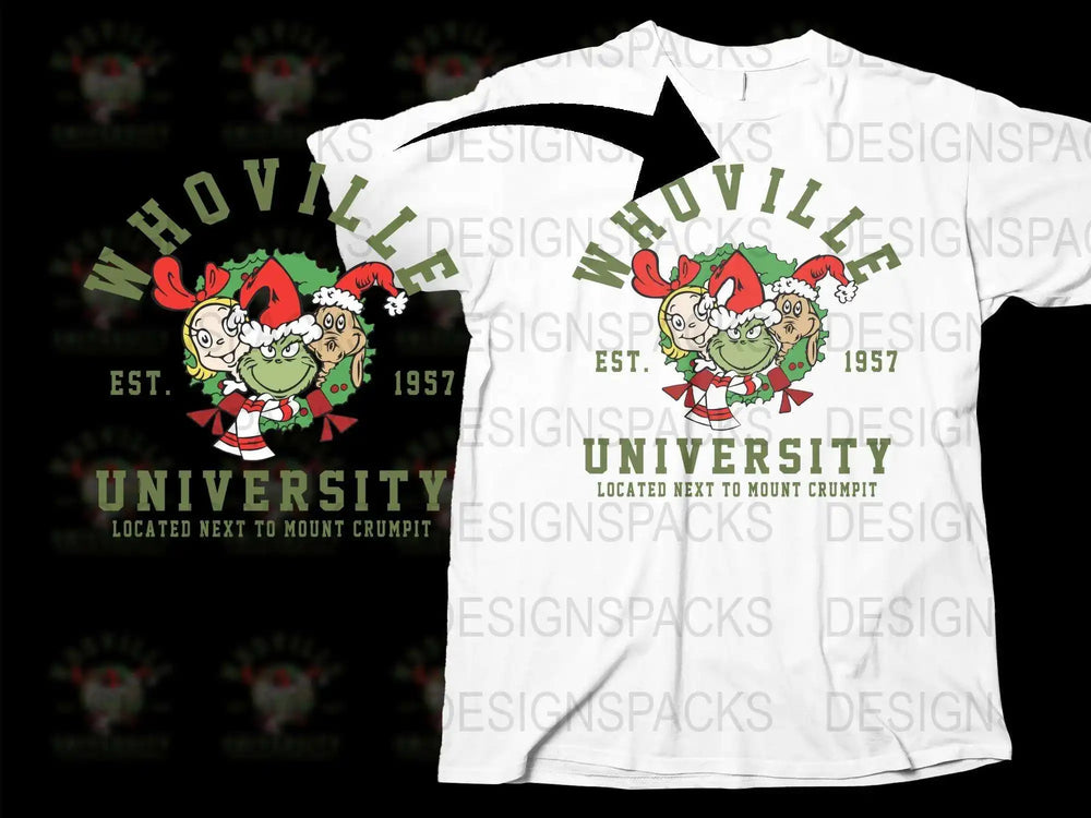 Whoville University T-Shirt, Dr. Seuss Inspired, Christmas Grinch Tee, Est. 1957, Holiday Apparel