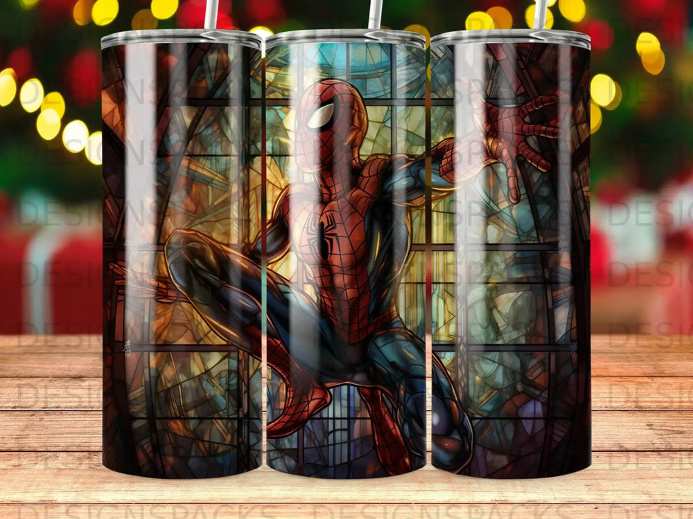 Spiderman in dynamic pose against stained glass background.