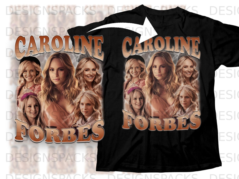 Black t-shirt featuring a collage of Caroline Forbes with text "CAROLINE FORBES".