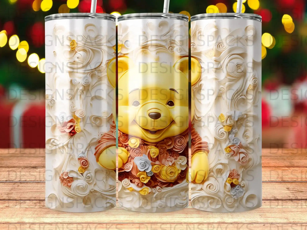 Winnie the Pooh in floral outfit on a white background with repeating pattern.