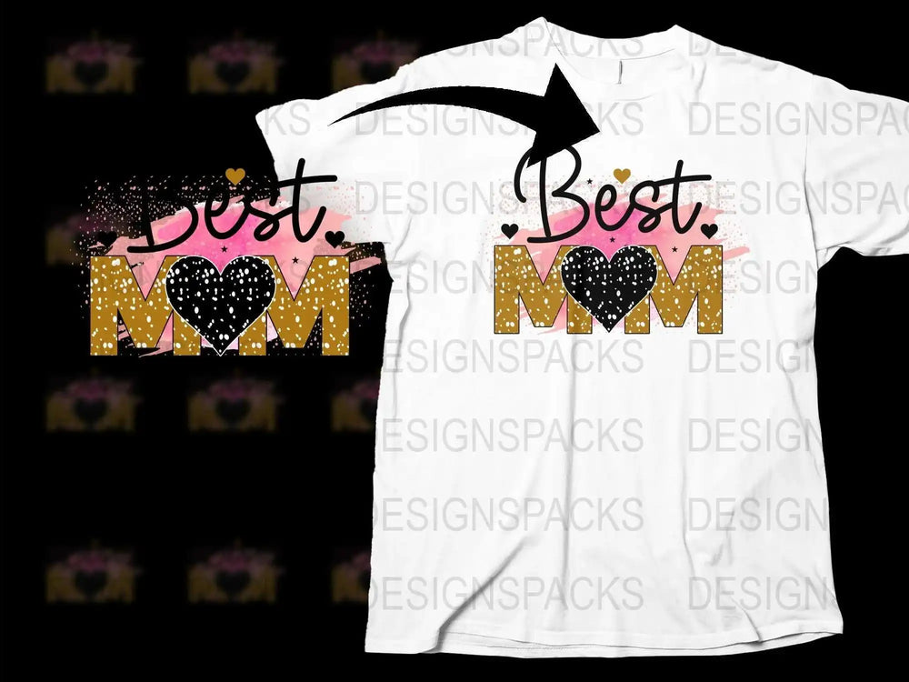 Best Mom T-Shirt, Gold Confetti Hearts, Trendy Pink and Black Design, Mother's Day Gift Idea, Cute Mom Tee