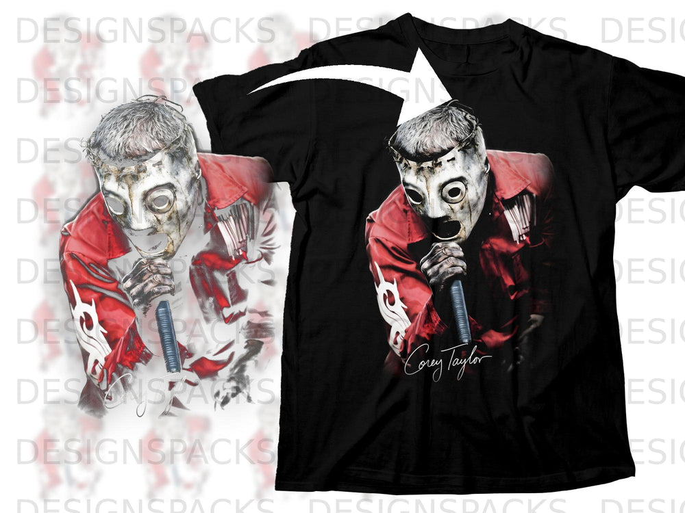 Black t-shirt featuring Corey Taylor in a mask, holding a microphone.
