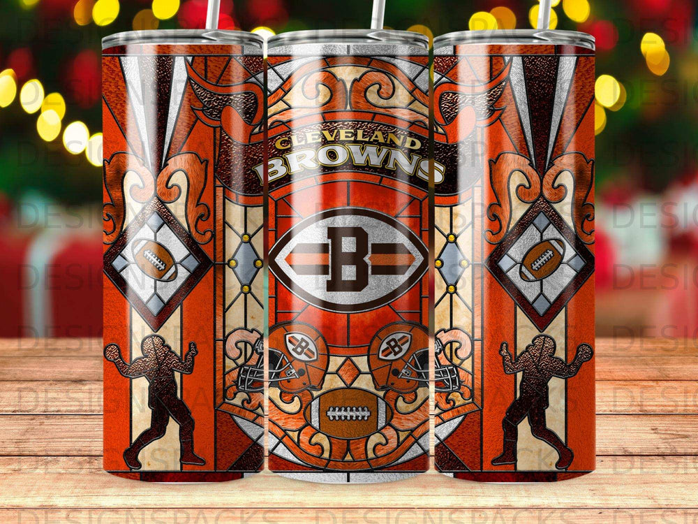Cleveland Browns football team logo and mascot on a decorative tumbler.