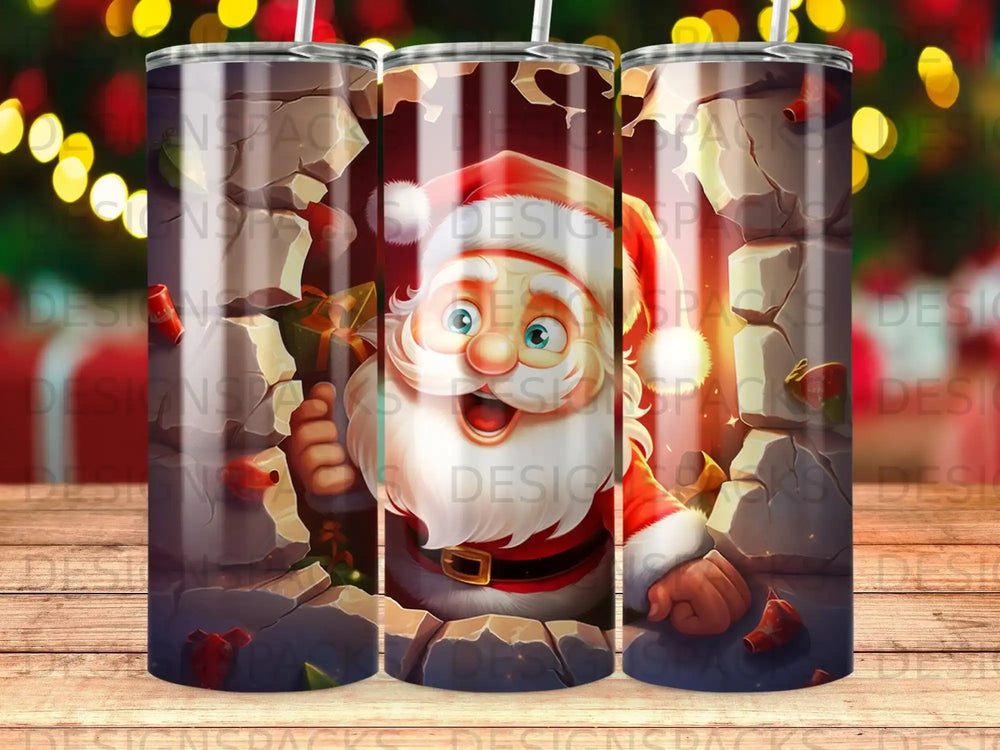 Santa Claus peeking through a cracked wall with presents.