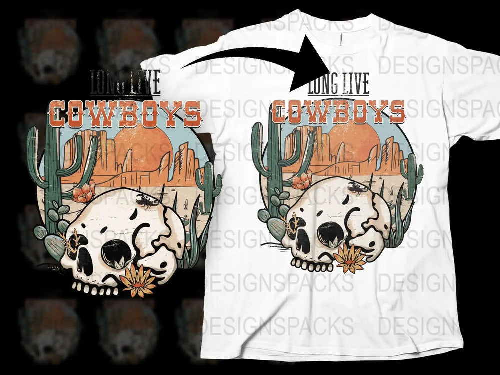 Long Live Cowboys Graphic T-Shirt, Vintage Western Skull Design, Desert Cactus Tee