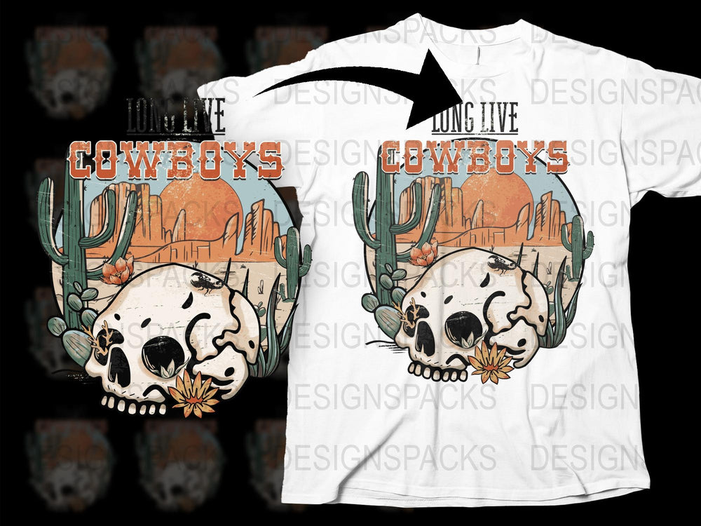 Long Live Cowboys Graphic T-Shirt, Vintage Western Skull Design, Desert Cactus Tee