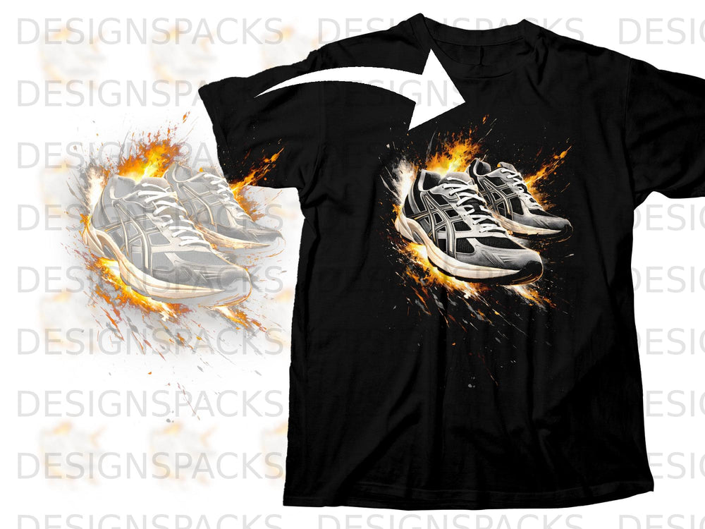 Black t-shirt with graphic of two athletic shoes bursting with fire.