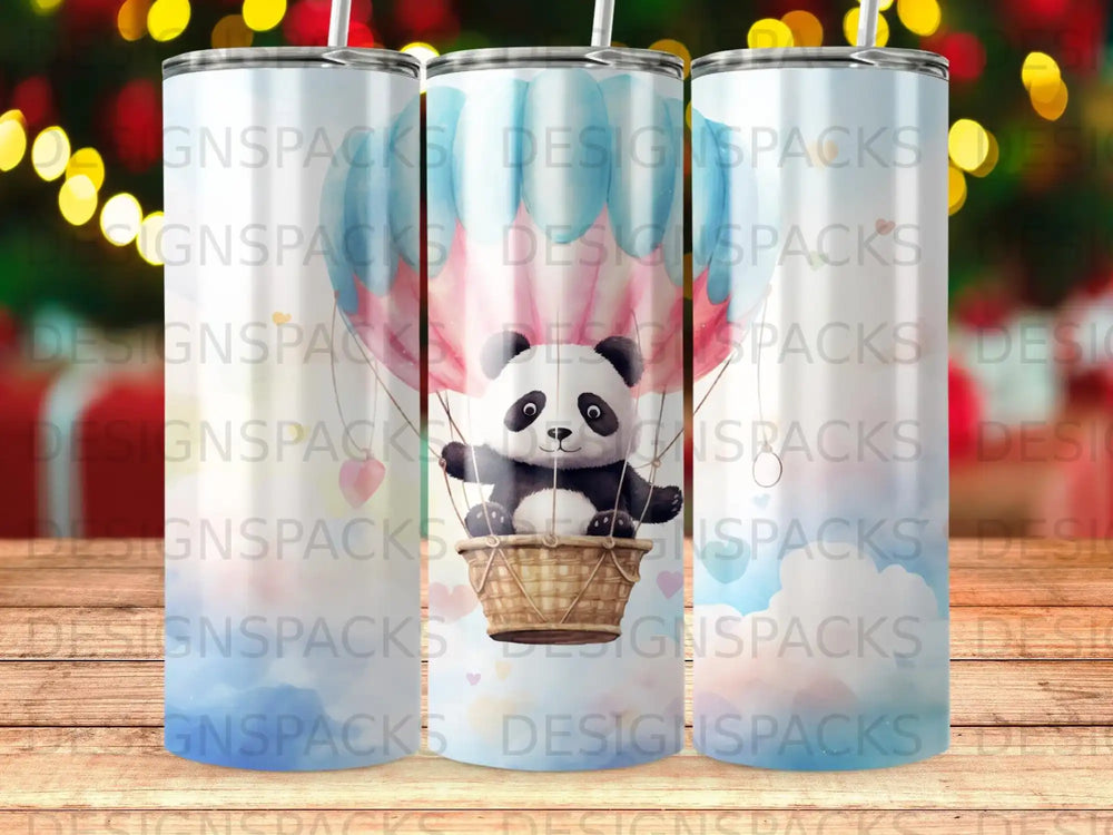 Panda in a hot air balloon against a sky background, repeated watermark.
