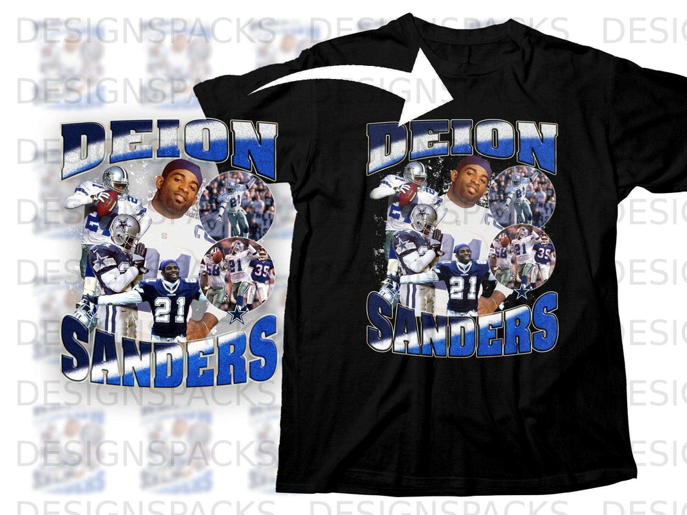 Black t-shirt featuring Deion Sanders with collage of him in Dallas Cowboys uniform.