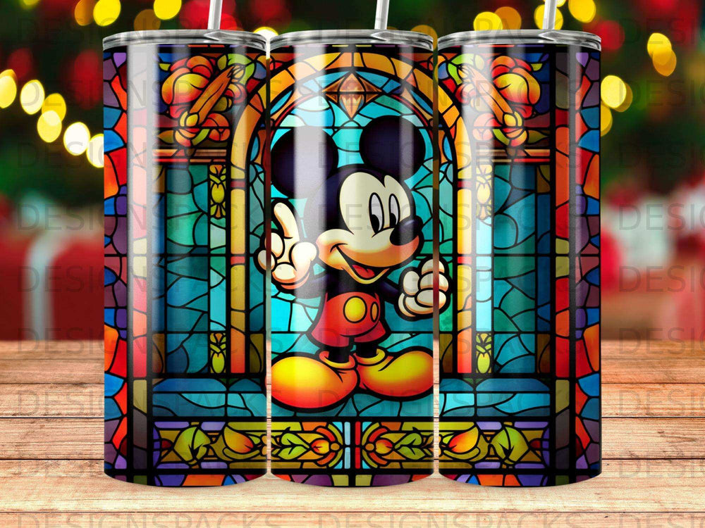 Mickey Mouse giving peace sign against a colorful stained glass background.