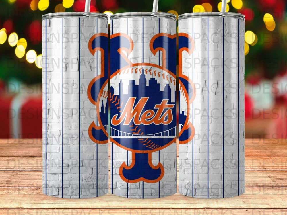 New York Mets logo on a white brick pattern tumbler.