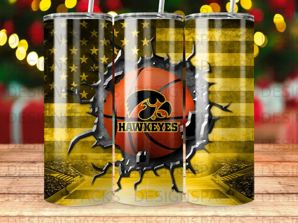 Iowa Hawkeyes basketball logo on cracked American flag background.