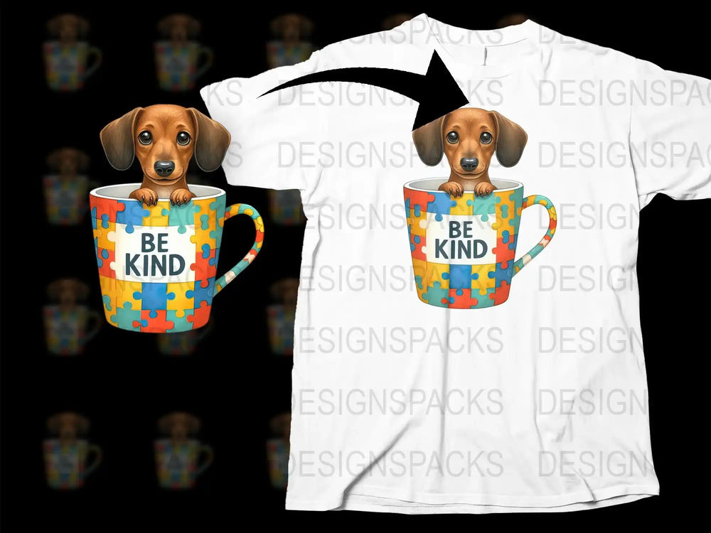 Cute Dachshund Dog T-Shirt and Matching Be Kind Mug, Pet Lover Gift Set, Colorful Graphic Tee and Coffee Cup Duo