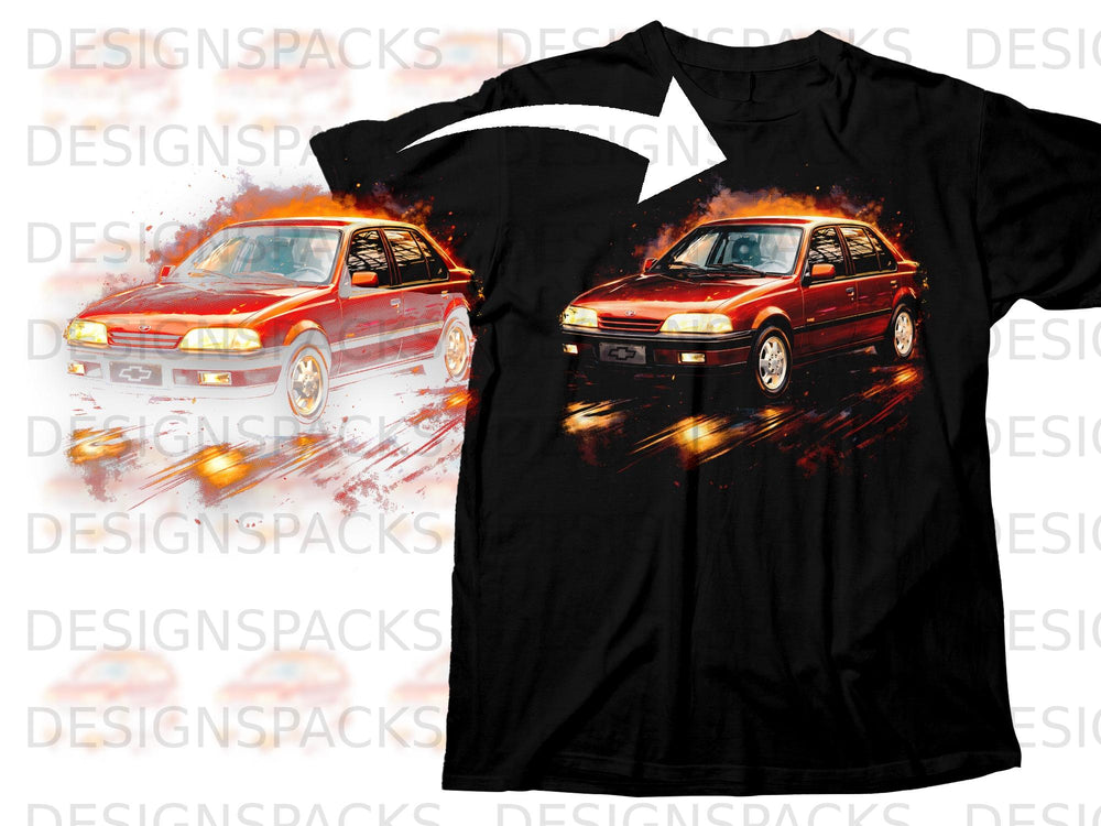 Black t-shirt with red car graphic and fiery motion streaks.